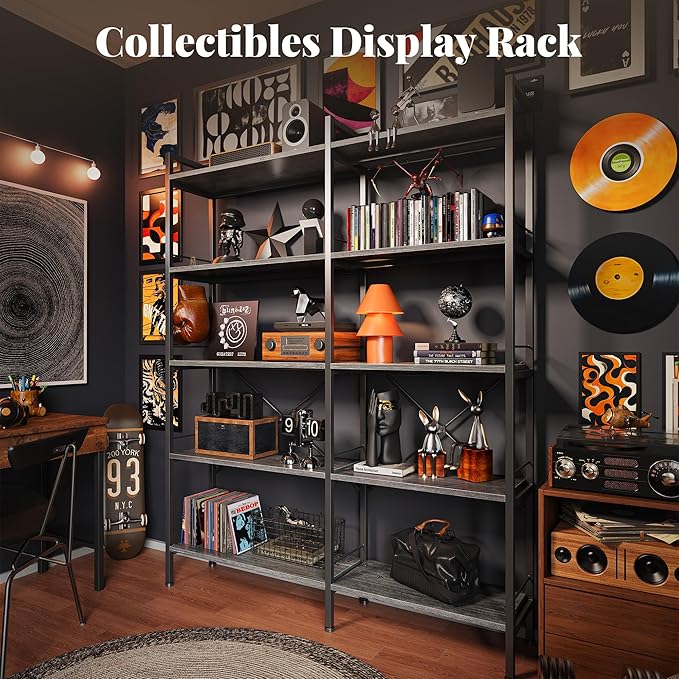 Huuger 5 Tier Bookshelf, L Shaped Corner Bookshelf with 10 Open Shelves, 49.4 Inch Straight Wide Bookcase with Metal Frame and Wooden Board, Adjustable Feet, Grey