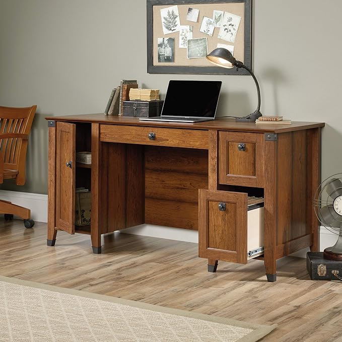 Sauder Carson Forge Rustic Vintage Computer Desk with Drawers Storage, in Washington Cherry finish