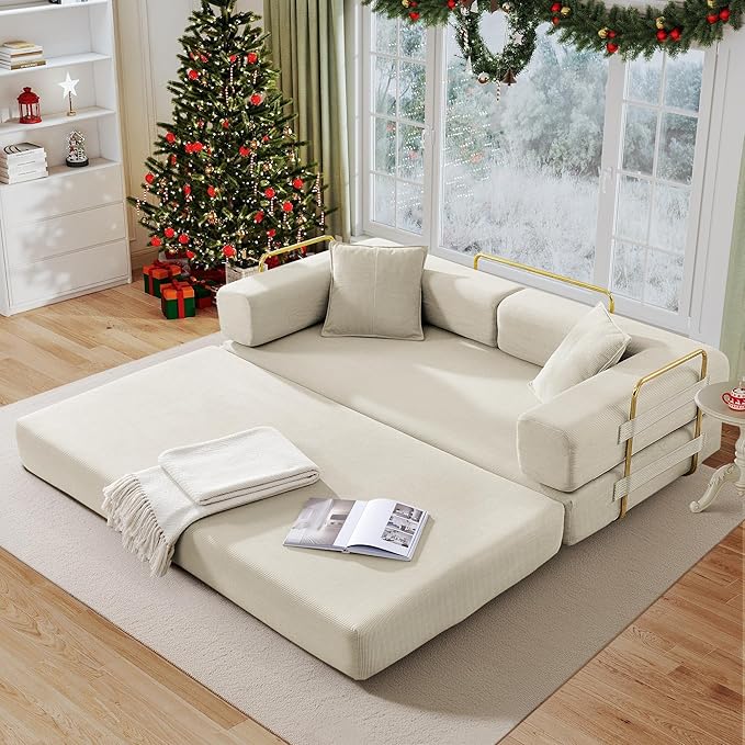 Antetek Convertible Futon Sofa Bed, 3-Seater Modern Corduroy Foam Floor King Size Bed Fold Out Sleeper Lounge Loveseat Sofa Couch with 2 Throw Pillows for Living Room Bedroom Guest Room, Beige
