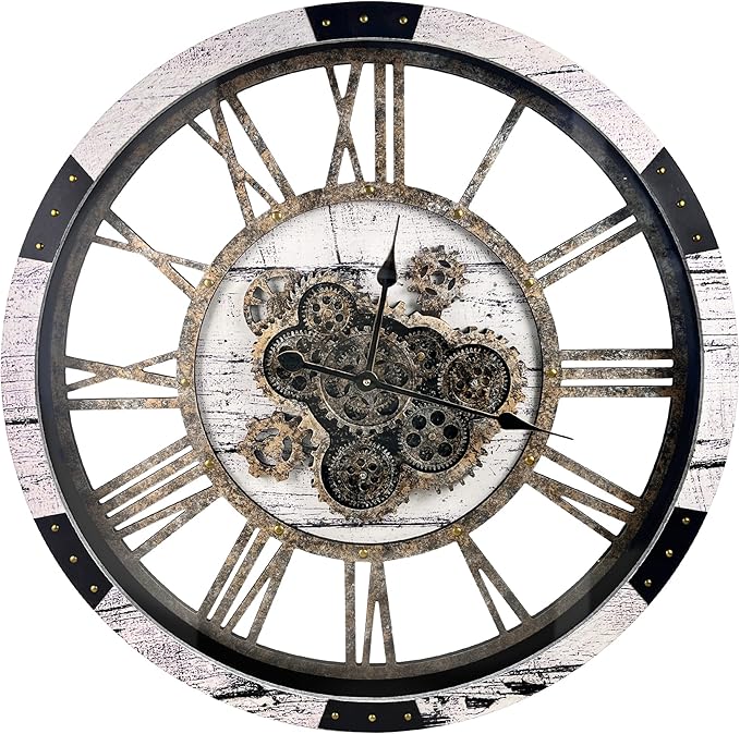 DORBOKER 30" Large Wall Clock Moving Gears,Oversized Industrial Rustic Farmhouse Clocks for Living Room Decor Office Home, Solid Wood Retro Metal HD Tempered Glass Cover, White Grey