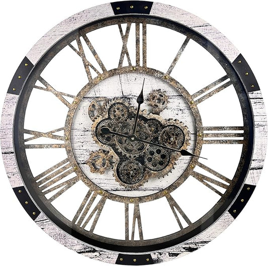 DORBOKER 30" Large Wall Clock Moving Gears,Oversized Industrial Rustic Farmhouse Clocks for Living Room Decor Office Home, Solid Wood Retro Metal HD Tempered Glass Cover, White Grey