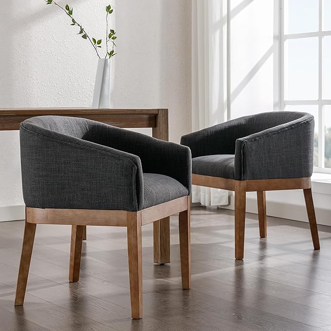 Mid-Century Modern Charcoal Dining Chairs Set of 8, Linen Upholstered Kitchen Dining Room Chairs with Wood Legs, Curved Backrest Armchairs, Charcoal