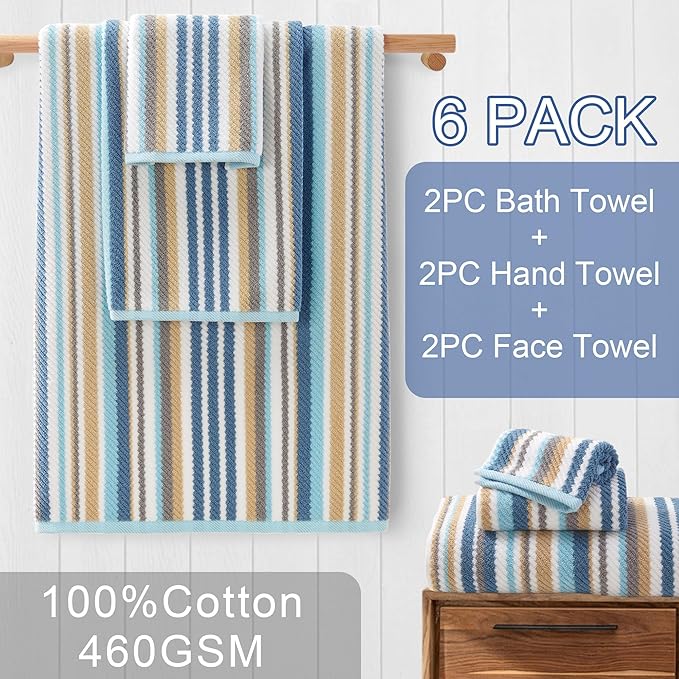 Striped Towels Set, 6PC Bathroom Towels - 100% Cotton | Quick Dry | Soft | Absorbent, 2 Bath 28"x52", 2 Hand 16"x27", 2 Face 13"x13", Luxury Bath Towels with Hanging loops, Blue+Gray+Beige Stripe