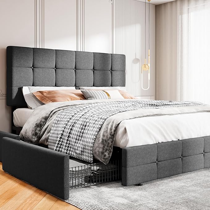 MUTICOR Queen Size Bed Frame with 4 Storage Drawers, Upholstered Platform Bed with Button Tufted Adjustable Headboard, No Box Spring Needed, Easy Assembly, Square Tufted, Dark Grey Fabric