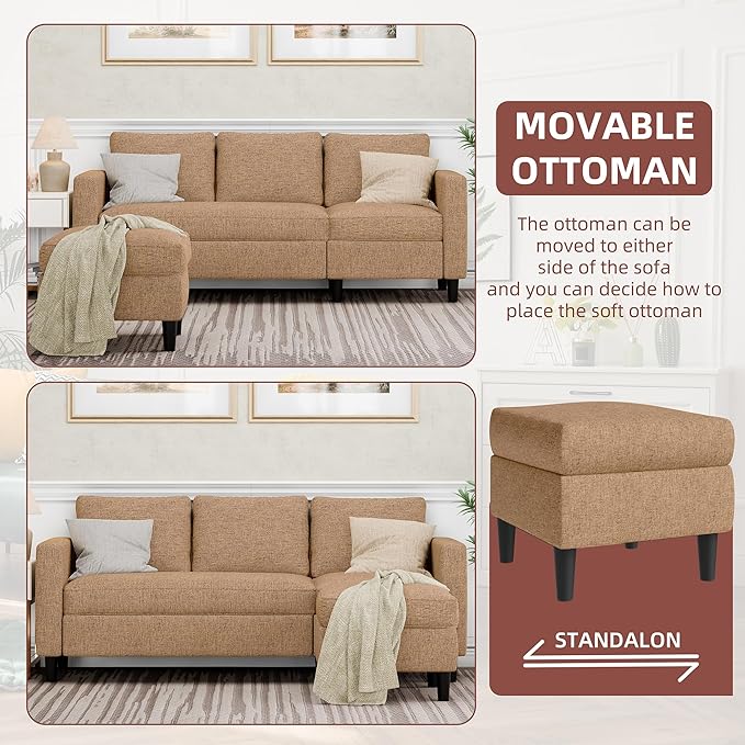 Nuturelly Convertible Sectional Sofa Couch with Movable Ottoman, 3-Seater Modern L-Shaped Sofa for Small Spaces, Soft Fabric Couch for Living Room, Small Apartment & Office(Brown)