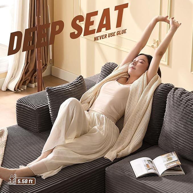 138" Boneless Couch with Deep Seat, Modular Sectional Sofa, Cloud Sectional Couch for Living Room, No Assembly Required, Corduroy, 4 Seater L-Shape Left, Grey