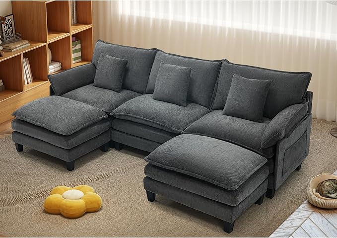 Modular Sectional Sofa, Comfy Cloud Couch with Movable Ottoman, Deep Seat Couches for Living Room, Bedroom and Apartment, 106" U Shaped Modern Sofa with Pillows, Grey