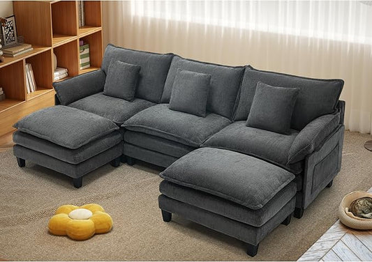 Modular Sectional Sofa, Comfy Cloud Couch with Movable Ottoman, Deep Seat Couches for Living Room, Bedroom and Apartment, 106" U Shaped Modern Sofa with Pillows, Grey