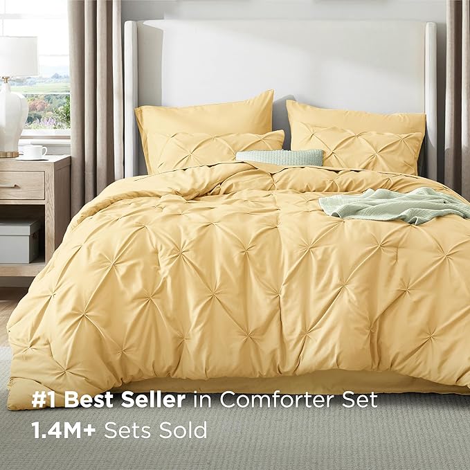 Bedsure Twin Comforter Set Yellow - Bed in a Bag Twin Size Bedding 5 Pieces, GentleSoft™ Pintuck Bed Set Gift for Family, Pinch Pleat Yellow Comforter with Sheets, Pillowcase & Sham