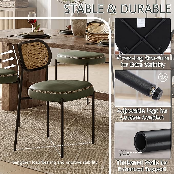 Rattan Dining Chairs Set of 4, Green Leather Upholstered Dining Chairs with Rattan Cane Back, Mid Century Modern Dining Room Chairs with Black Metal Legs & D-Shaped Thicken Cushion, Green