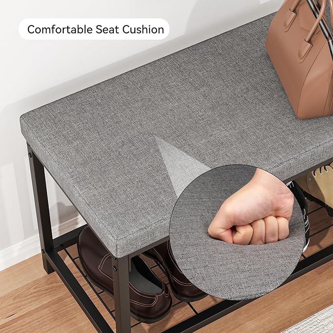 Shoe Bench, 43.3" Entryway Bench with Cushion Seat, Shoe Rack Bench with Storage, Modern Style, Holds Up to 350 lb, for Living Room, Bedroom, Hallway, Grey