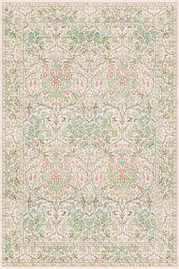 Beige Green 4x6 Washable Area Rug for Living Room, Large Entryway, Nursery, Bedroom, Kitchen, Ultra Soft Non Slip Stain Resistance, Floral Distressed Aethestic Design