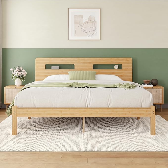 ZIYOO Solid Bamboo Wood King Size Bed Frame with Storage Headboard, 14 inch Platform King Bed Frame No Box Spring Needed with Steel Slats, Sturdy and Stable, Easy Assembly, Noise Free
