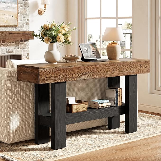 Solid Wood Black Console Table for Entryway, 63-Inch Long Narrow Sofa Table Behind Couch with Storage Shelf for Living Room, Hallway, Foyer, Entrance, Rustic Brown + Black