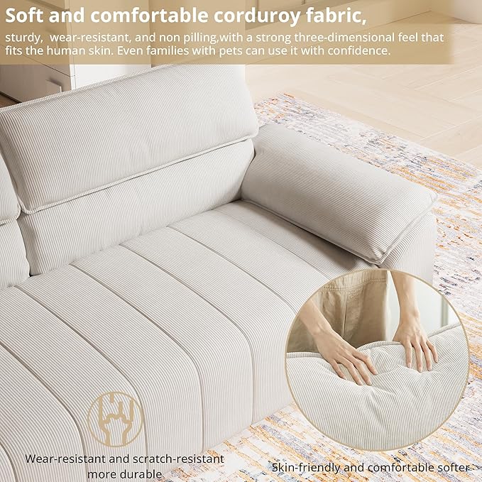 ANCTOR 82.7" Corduroy Sofa, Comfy Couch with Deep Seats, Modern 3 Seater, Oversized Loveseat for Living Room,Office,Apartment Lounge,Easy Assembly, Beige