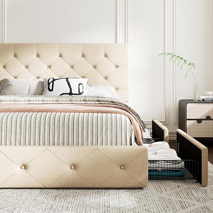 MUTICOR Full Size Bed Frame with 4 Storage Drawers, Upholstered Platform Bed with Button Tufted Adjustable Headboard, No Box Spring Needed, Easy Assembly, Diamond Tufted, Beige Fabric