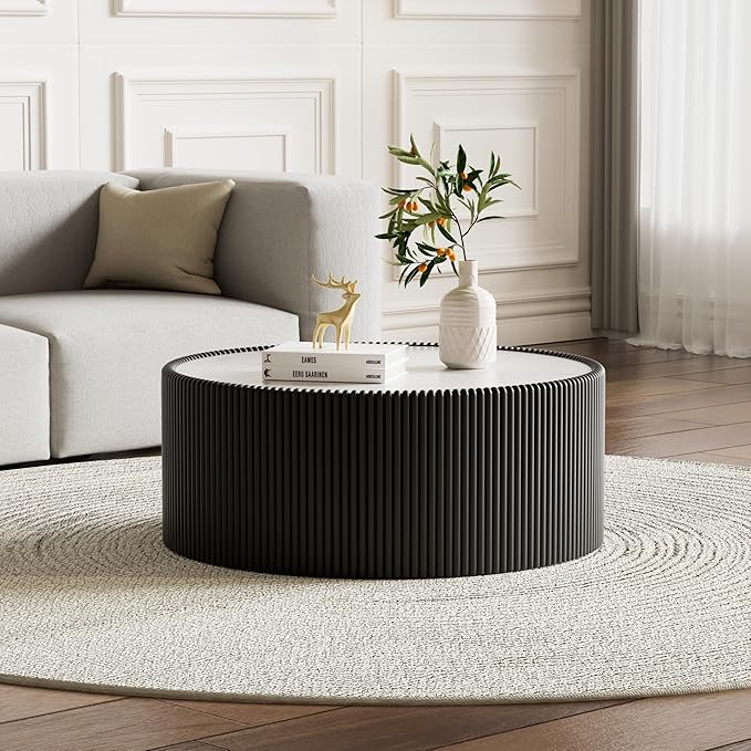 Round Coffee Table Set with Sintered Stone Tabletop, 29.52" Black Drum Center Table and 17.71" Grey Coffee Table Set, 2 Pieces Living Room Table Set with Fluted PU Leather Cover& Stable Base