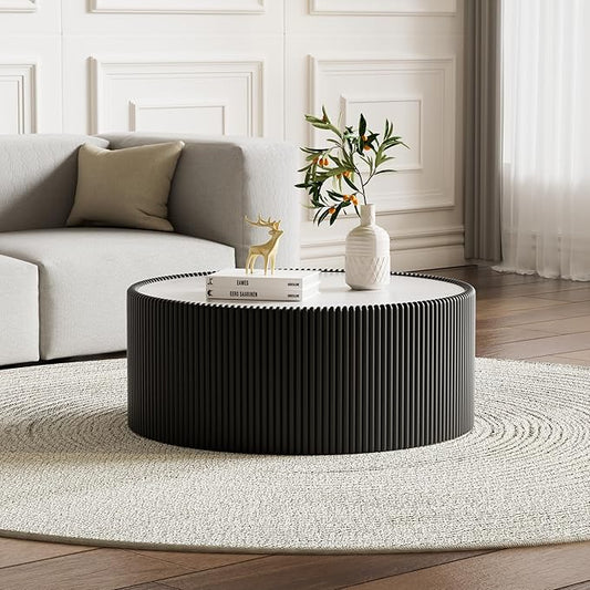 Black Round Coffee Table with Sintered Stone Tabletop, 29.52" Drum Coffee Table with Fluted PU Leather Covered and Stable Base, Circle Cocktail Tea Table for Living Room