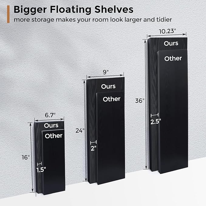 Fun Memories Floating Shelves - 2 Pack 9 Inch Rustic Wooden Wall Shelves - Extra Deeper & Thicker Wall Mounted Storage Shelf for Living Room, Kitchen, Farmhouse - 24" W x 9" D x 1.6" H - Rustic Black