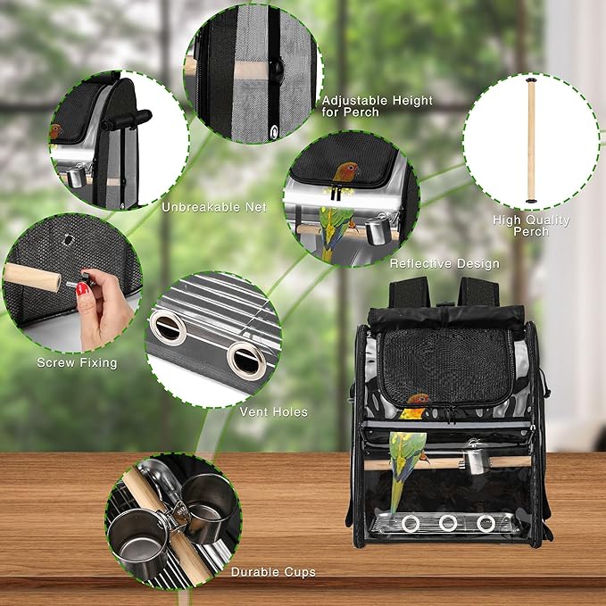 SUERTREE Bird Carrier Bag with Indestructible Stainless Steel Mesh, Bird Travel Cage with Stand, Easy to Clean Backpack for Parrot, Portable Bird Travel Bag, Pet Breathable Travel Cage, Black