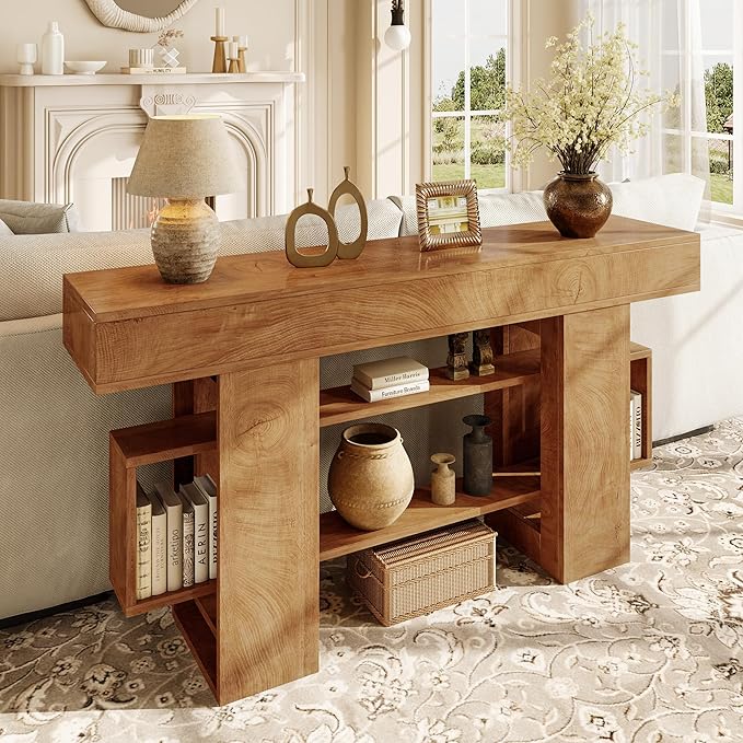 63 Inch Long Console Table for Entryway, Farmhouse Wooden Sofa Table Behind Couch with 3-Tier Storage Shelf, Narrow Entry Accent Table for Living Room, Hallway, Foyer, Natural