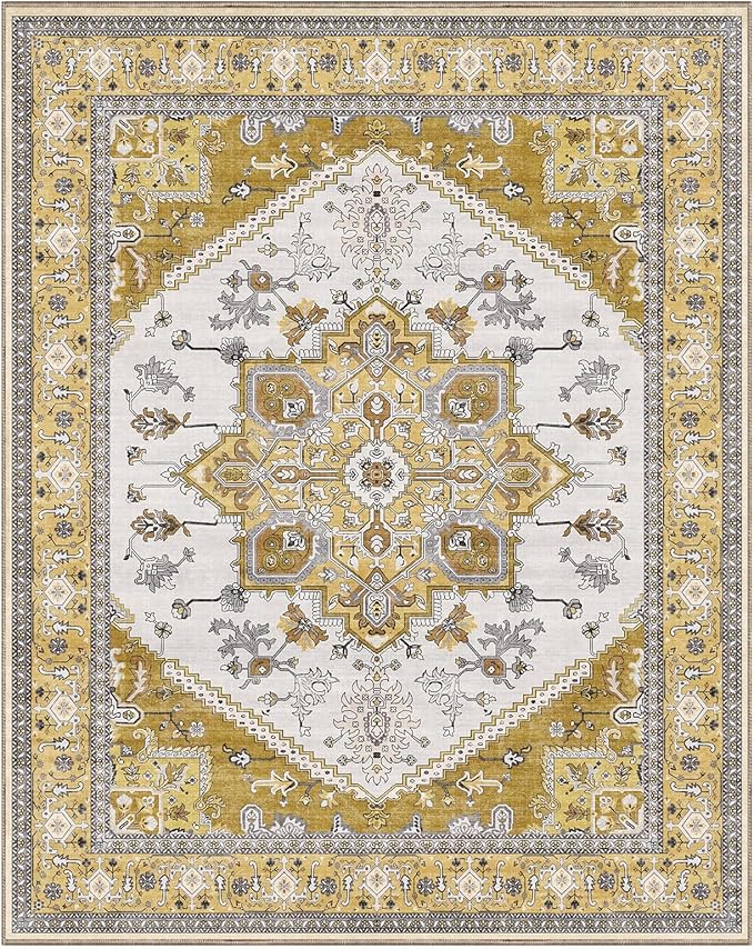 OPPODREAM Thin 8x10 Area Rugs, Washable Rugs 8x10 with Non Slip Backing, Faux Cashmere Low-Pile 8 x 10 Carpet, Yellow