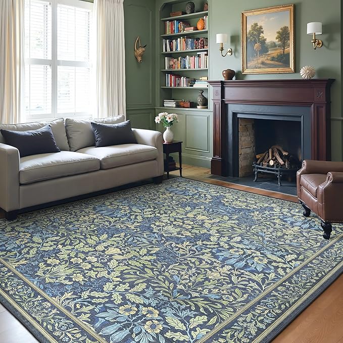 GENIMO 6x9 Washable Area Rug, Non-Slip Vintage Boho Floral Carpet, Soft Low-Pile Thin Living Room Rug for Bedroom, Dining Room, Nursery, Dark Blue