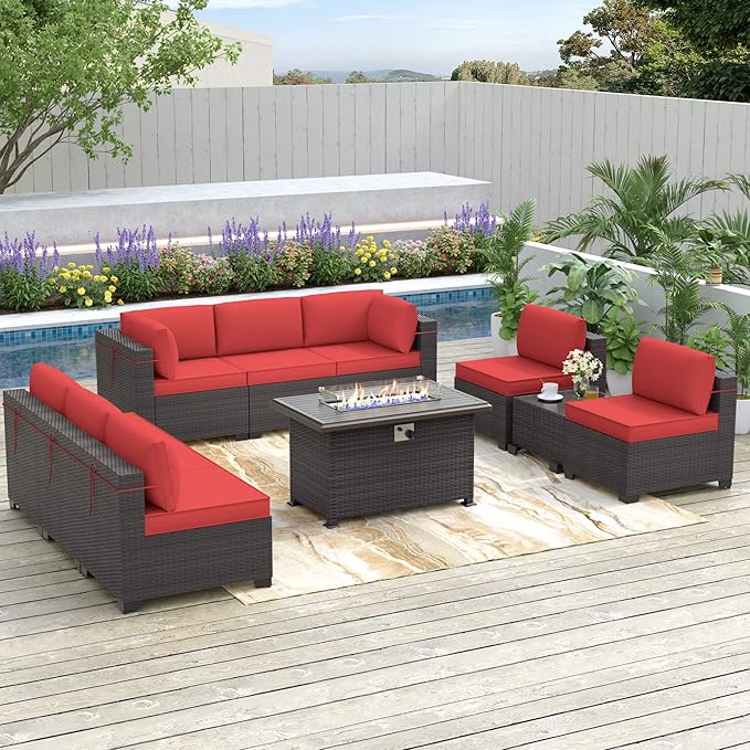Kurapika 10 Pieces Patio Furniture Set, Rattan Wicker Outdoor Conversation Sets w/43in Propane Fire Pit Table and 4 Inch Cushion(Red)