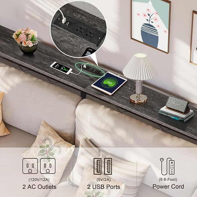 VECELO 39.4In Narrow Sofa/Console Table with Charging Station & Power Outlet and USB Ports, for Entryway, Living Room, Office, Industrial, Metal Frame, Grey