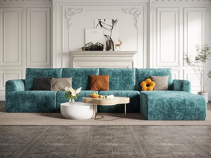 EASE MOOSE Cloud Couch Sectional Sofa, Large L-Shaped Oversized Modular Couch for Living Room, Minimalist Boneless Convertible Couches with Ottoman, 5-Seat Deep Sofas for Bedroom, Chenille (Blue)