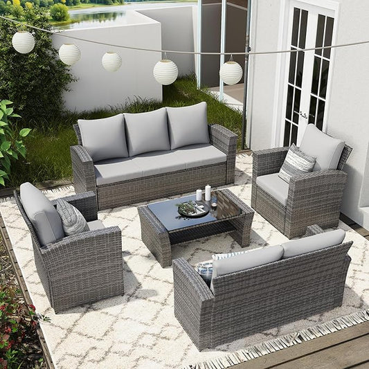 Wisteria Lane 5 Piece Patio Furniture Set, Wicker Outdoor Patio Conversation Furniture Set, All Weather Outdoor Patio Sofa with Cushion and Glass Table, Grey