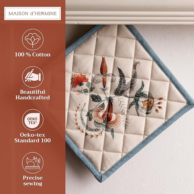 Maison d' Hermine Pot Holders 100% Cotton Heat Resistant Potholders 8" x 8" Hot Pads with Loop for Thanksgiving Christmas Decorations BBQ Cooking Baking Handling Hot Pans (Pack of 1, Dalida)