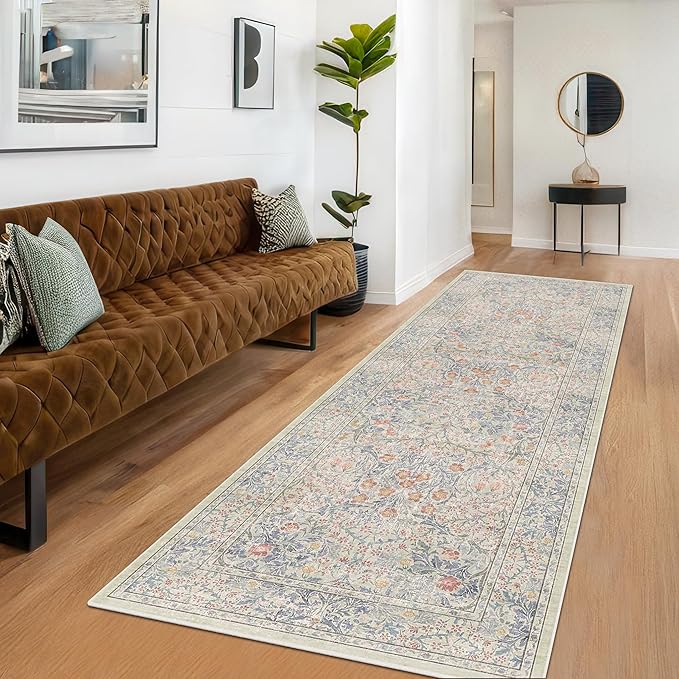 Vintage Beige Blue 3x12 Runner Rug for Hallway, Kitchen, Bathroom, Entryway Indoor, Washable Non Slip Rubber Backing Stain Resistant - Botanical Home Decor