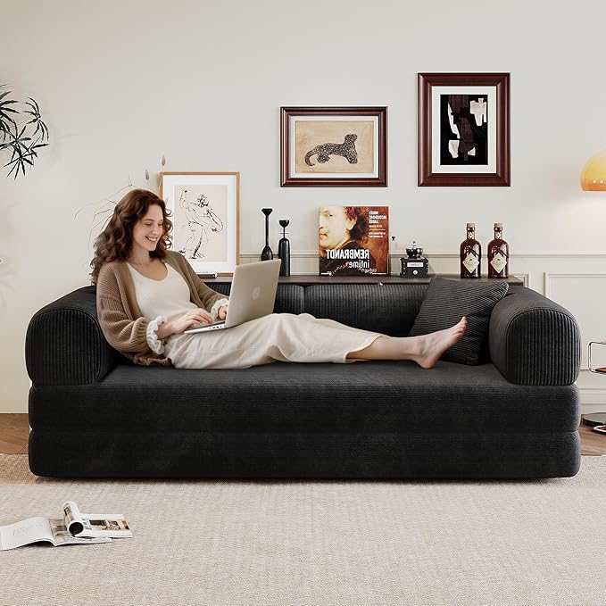 Boneless Couch Sectional Sofa,Convertible Sofa Bed with Sleeper Sofa,Futon Floor Couch Folding Sofas for Living Room,Bedroom,Apartment (Black, 78.8''W)