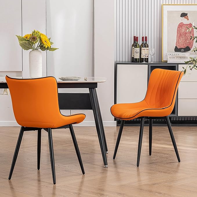 YOUTASTE Dining Chairs Set of 2, Mid Century Modern Upholstered Faux Leather Kitchen Room Chairs, with Black Metal Legs, Armless Accent Chair for Living Room, Bedroom, Vanity, Orange