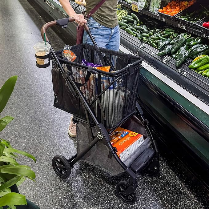 Strolee Personal Luxury Folding Shopping Cart On Premium Wheels – Ultra Lightweight Aluminum Frame – Removable Shopping Bag with Carry Strap & Lower Grocery Storage 75Lbs Capacity (Shadow v2)