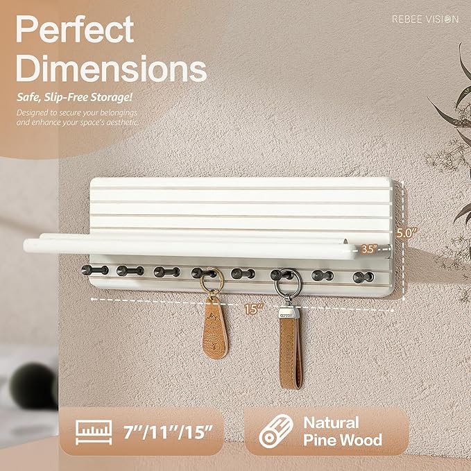 Rebee Vision Rustic Key Holder Wall Mount for Home Decor – Modern Key Hook with 8 Sturdy Hooks & Floating Shelf – Chic Wall Organizer for Entryway, Living Room, or Kitchen Decor(White)