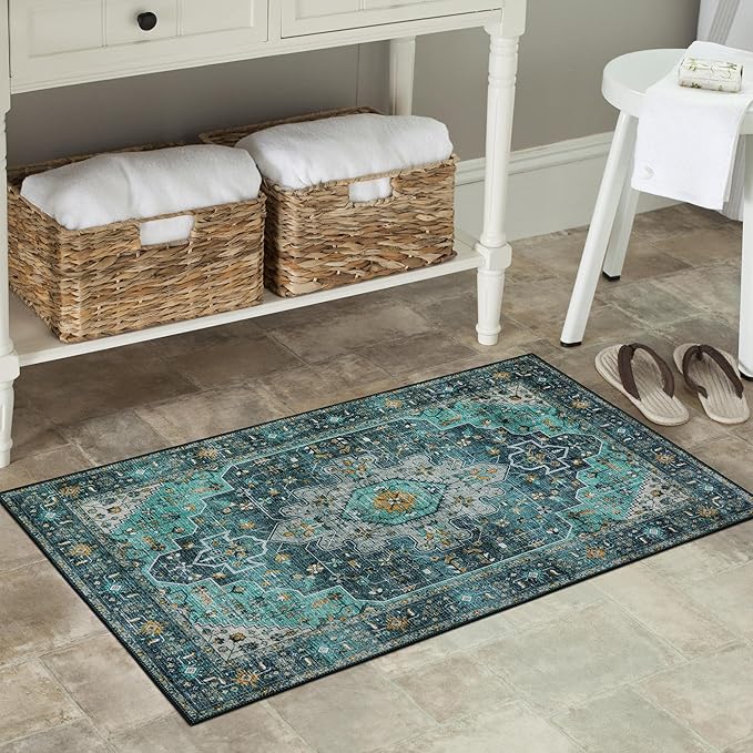 Moynesa Ultra-Thin Washable Area Rug - 2x3 Teal Small Entryway Rug Front Indoor Doormat, Boho Non-Slip Stain Resistance Low Pile Accent Carpet for Kitchen Bathroom Home Laundry Room Hall Decor