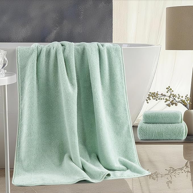 Ring Spun Terry Microfiber Bath Towel Set, 3 Piece, Oversize, Quick Dry, Lint Free, Includes Bath, face, and Hand Towels (Green)