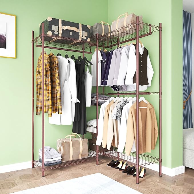 XIOFIO 6 Tiers Heavy Duty Garment Rack,Clothing Storage Organizer, Metal Clothing Rack,Clothing Rack with Hanging Rod,Adjustable Shelf and Fixed Baskets,60.7"L x 15.7"W x 70.5"H Max Load 720LBS,Bronze