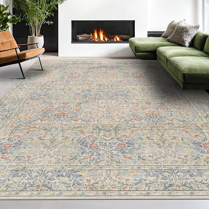 Washable Light Blue Non Slip Bedroom Rug, 8x12 Large Area Rug for Living Room, Dining Room Under Table, Low Pile & Soft Stain Resistant Carpet - Forset Floral Design
