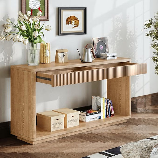 59.8”Rectangular Rustic Fluted Console Table with 2 Drawers,Solid Wood Entry Table Hallway Table, Modern Farmhouse Narrow Sofa Table for Foyer Living Room,Bedroom,Apartments-Natural Oak
