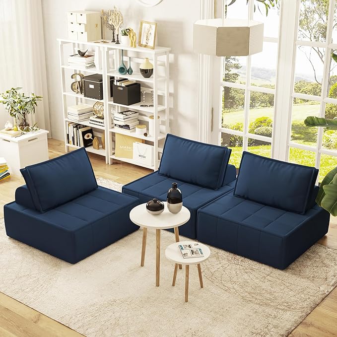 PurrJoys Modular Sectional Sofa, 35" Corduroy Sofa Sleeper Deep Seat Sofa with Adjustable Backrest, Small Couch for Small Spaces, Living Room, Bedroom, Apartment,Blue Office Couch