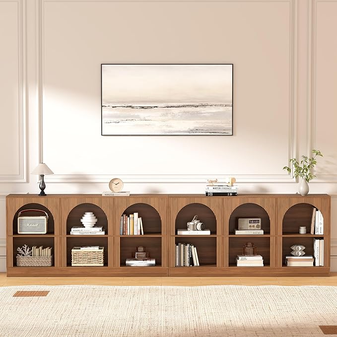 Console Table Set of 2, Extra Long 126" Arched Entryway Table with 3-Tier Open Storage, Rectangular Wooden Sofa Table for Living Room, Hallway, Behind Couch (2, Walnut)