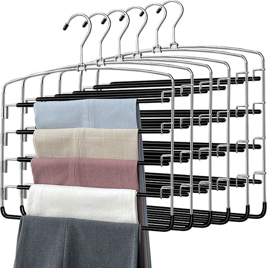 Pants Hangers 6 Pieces,5 Tier Closet Organizers and Storage Clothes Hangers,Hangers Space Saving with Swing Arm,Multiple Metal Hanger Clothes Organization for Pants Trousers Jeans Leggings Slacks