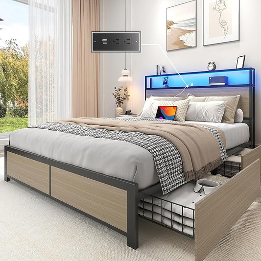 Lifezone Full Bed Frame with 2-Tier Storage Headboard, Metal Platform Bed Frame with 4 Storage Drawers, Built in Charging Station & LED, Noise-Free/Metal Support/No Box Spring Needed, Beige