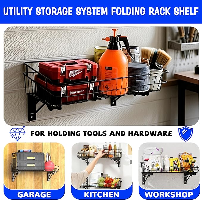 ULIBERMAGNET Large Folding Garage Shelf,Heavy Duty Wire Basket Storage Shelving,400LB Wall Mounted Storage DIY Folding Utility Racks for Garage, Office, Basement, Closet, Kitchen, Laundry