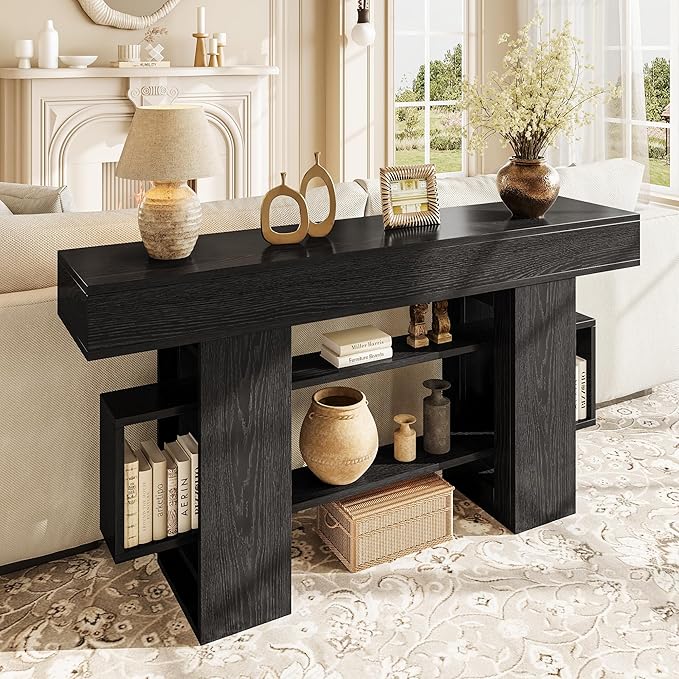 63 Inch Long Console Table for Entryway, Modern Wooden Sofa Table Behind Couch with 3-Tier Storage Shelf, Narrow Entry Accent Table for Living Room, Hallway, Foyer, Black