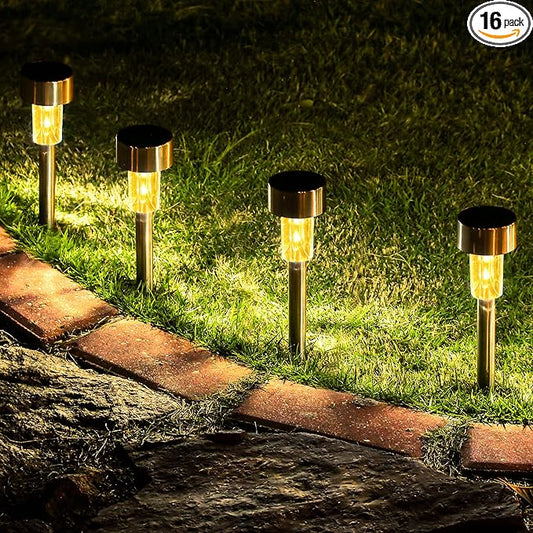 GIGALUMI 16 Pack Solar Path Lights Outdoor,Solar Lights Outdoor Waterproof,Stainless Steel LED Landscape Lighting,Solar Garden Lights for Driveway,Pathway,Patio,Yard