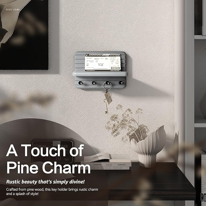 Rebee Vision Small Key Holder Wall Mount – Decorative 7-inch Pine Wooden Key Holder for Wall with 4 Hooks & Floating Shelf - Apartment Essentials for Neat and Chic Home Organization (Gray)